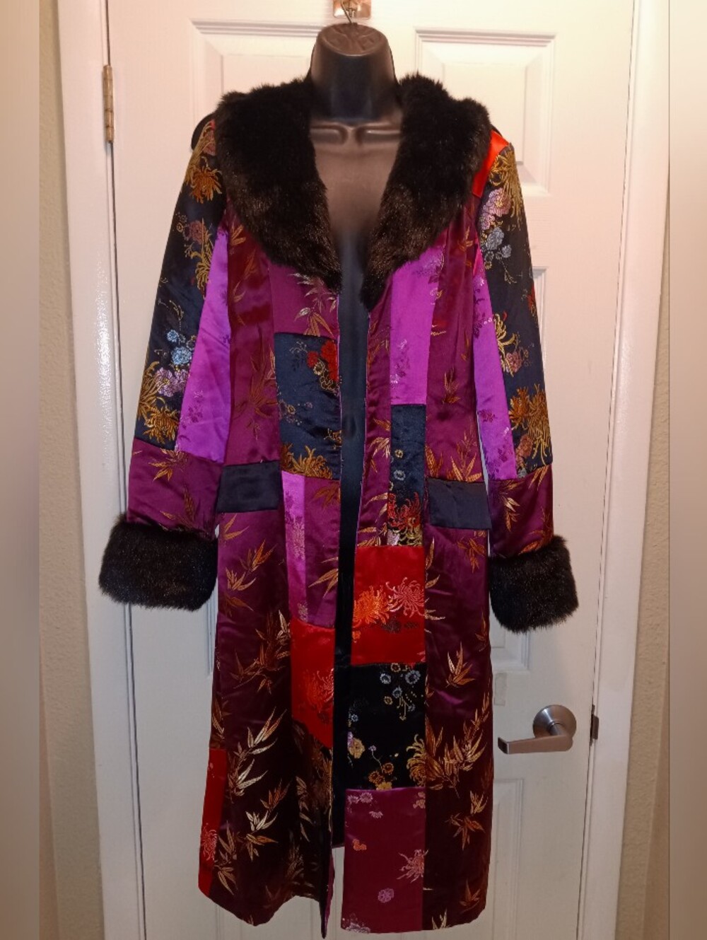 Price Firm Sue Wong Magnificent Vintage Patchwork Silk Coat with Faux Fur Trim